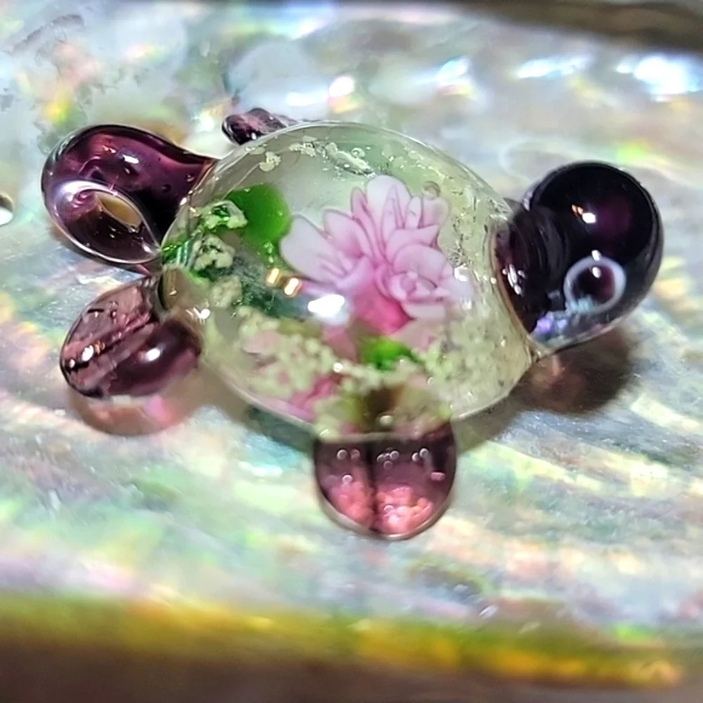NEW Handcrafted Blown Art Glass Purple Turtle Charm Pendant Luminescent Specks